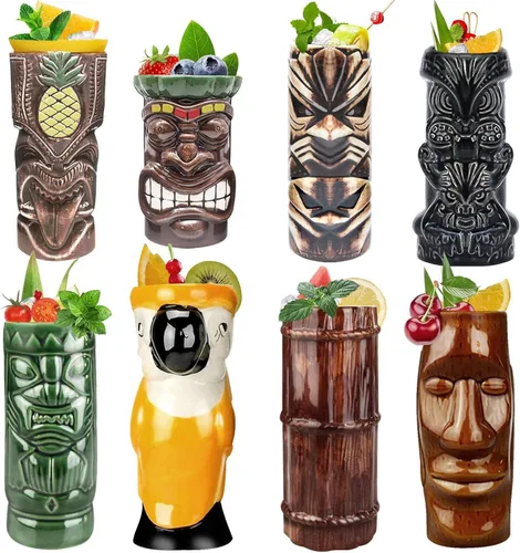 LINALL Tiki Mugs - Juego de 8 tazas de cóctel de cerámica TIKI tazas hawaianas para fiesta hawaiana, vasos de cóctel exóticos hawaianos TKSET0080 (8