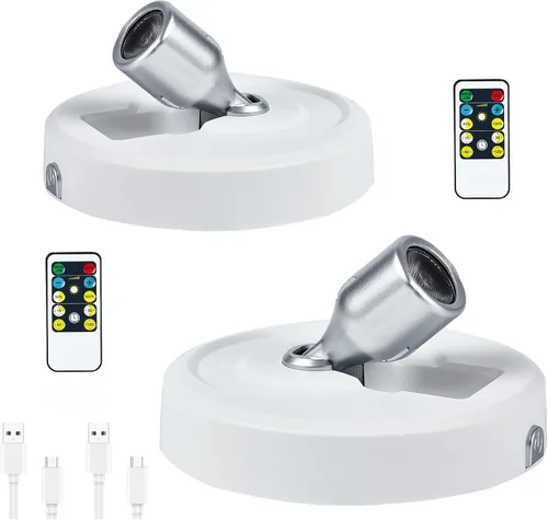 Miniatura 24 de Paquete de 2 Focos LED Inalámbricos a Batería para Cuadros, Luces de Disco con 2 Controles Remotos, Foco Adhesivo Regulable con Temporizador