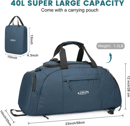Miniatura 2 de G4Free Mochila de lona de 40L de tres usos para gimnasio, mochila para hombre y mujer, mochila deportiva con compartimento para zapatos, mochila