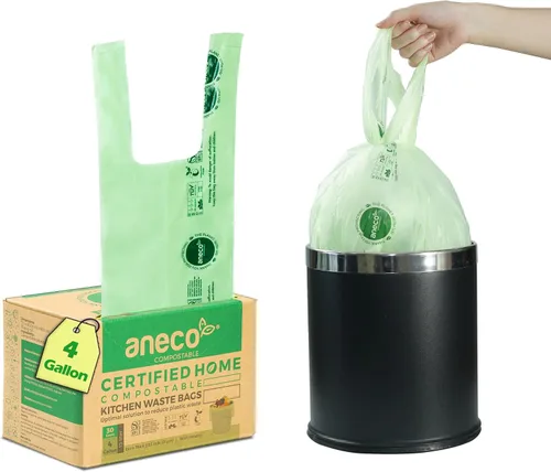 Miniatura 14 de (Incluye 10 bolsas adicionales) ANECO - Bolsas de basura 100% compostables de 2.6 galones, bolsas de compost pequeñas de cocina extra gruesas