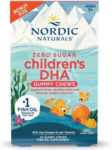 Nordic Naturals Zero Sugar - Gomitas masticables de DHA para niños, Tropical Punch, 45 gomitas masticables para niños, 600 mg de omega-3 totales,