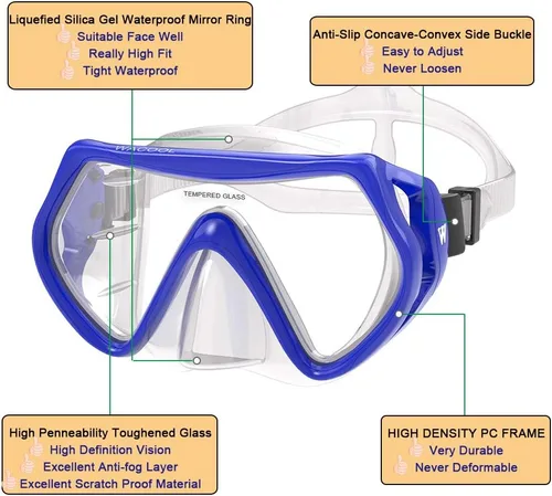 Miniatura 5 de WACOOL Paquete de snorkel para adultos, máscara de buceo de vidrio recubierto antivaho con pieza de boca de silicona, válvula de purga y protector