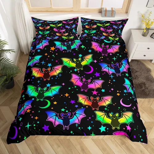 Miniatura 47 de Erosebridal Juego de ropa de cama de murciélago de Halloween, tamaño individual, con purpurina y estrellas, galaxia, funda de edredón para niños