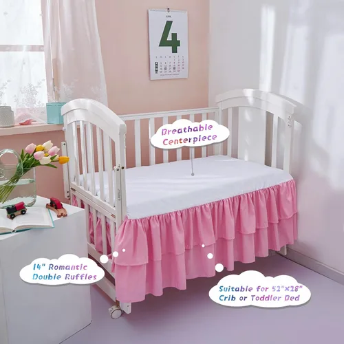 Miniatura 2 de JSD Falda de cama rosa para cuna de 14 pulgadas, caída profunda, con volantes de doble capa, de microfibra, para guardería, para bebés y niñas Rosa