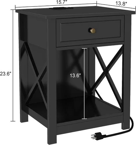 Miniatura 3 de Treocho Juego de 2 mesas auxiliares negras con estación de carga, mesa auxiliar X-Design con 2 tomas de corriente alterna y USB, mesita de noche