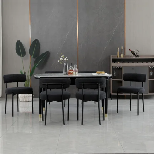 Miniatura 9 de Juego de 2 sillas de comedor negras redondas tapizadas de bouclé para el comedor, sillas de cocina modernas de mediados de siglo con respaldo curvo