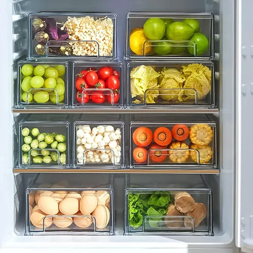 Miniatura 5 de Paquete de 2 cajones apilables para refrigerador, contenedores extraíbles transparentes, organizador de cajón para refrigerador, contenedores