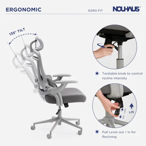 Miniatura 7 de Nouhaus Ergo Fit - Silla de oficina ergonómica de malla, respaldo alto, soporte lumbar ajustable, reposacabezas y reposabrazos abatibles ajustables