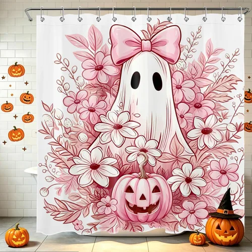 Miniatura 30 de HVEST Cortina de ducha de Halloween, linterna de calabaza y gnomo, cortina de ducha de baño, cortina de ducha de murciélago y araña, decorativa