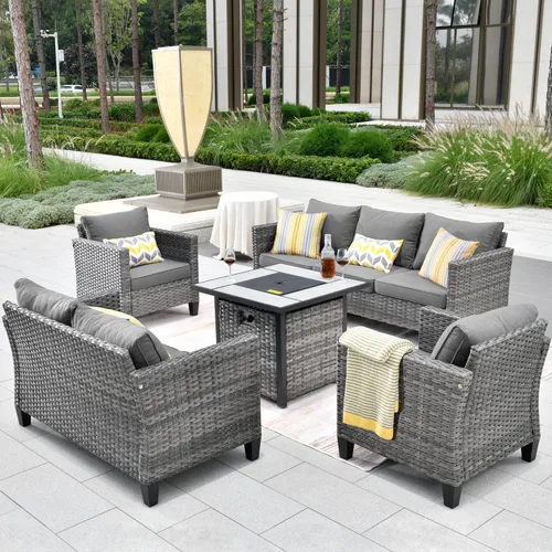 Miniatura 19 de ovios Juego de muebles de patio de 6 piezas, sillas giratorias de mimbre para exteriores con mesa para fogatas de 30 pulgadas, juego de mecedoras