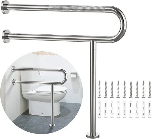 Miniatura 12 de Riel de Soporte para Inodoro de 23.4 x 28 Pulgadas, Munzong Barra de Agarre Cromada Antideslizante para Personas con Discapacidad para Baño, Cromo