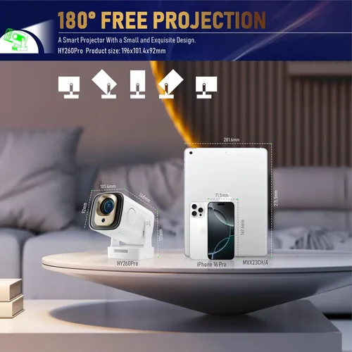 Miniatura 2 de Proyector portátil HY260 PRO MINI actualizado, soporte nativo 1080P para resolución 4K con Bluetooth 5.4 WIFI6 300 ANSI Android 11,180° giratorio