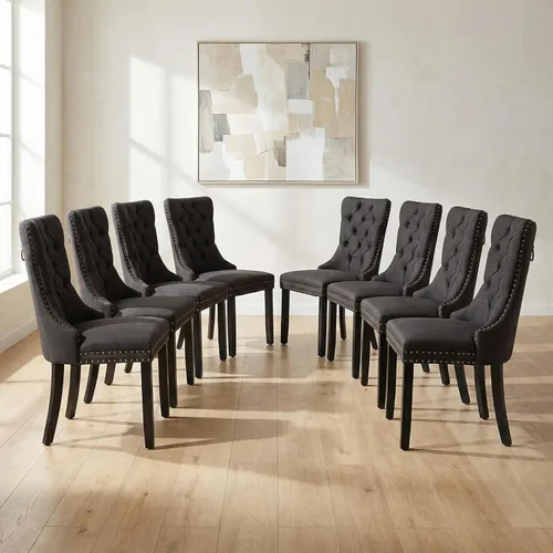 Miniatura 30 de OVENTA Juego de 4 sillas de comedor modernas tapizadas copetudas, terciopelo negro y gris y cuero con patas de madera maciza, sillas de cocina