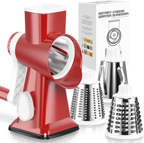 Badelite Rallador de Queso con Manivela Giratoria Triturador de Queso Giratoria de Acero Inoxidable Cortador de Verduras para Cocina 3 Cuchillas Rojo