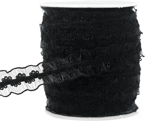 Miniatura 24 de Cinta de encaje elástica negra con volantes de 20 yardas para coser de 1 pulgada de organza de doble onda, ajuste de encaje, ropa y ropa