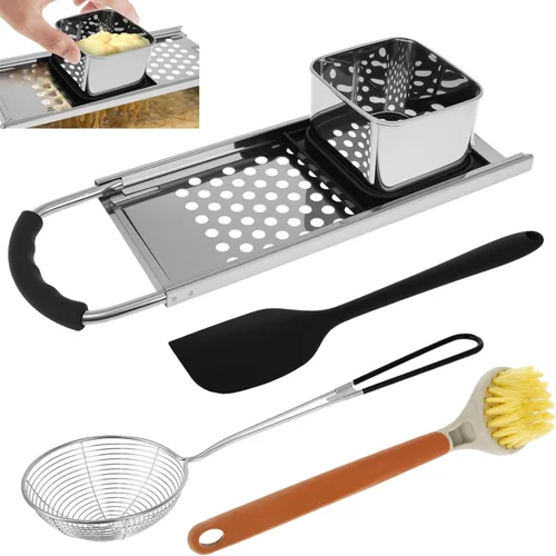 Spaetzle Maker de acero inoxidable, prensa Spaetzle con mango de agarre, prensa alemana para fabricar fideos con espátula, colador skimmer y cepillo