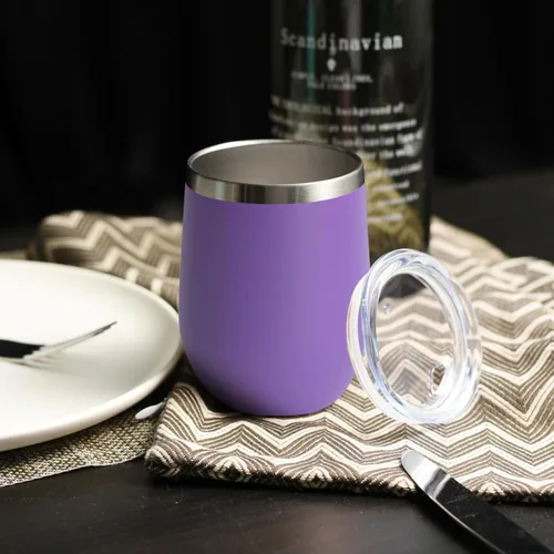 Miniatura 5 de DOMICARE - Vaso de vino de 12 onzas con tapa, hecho de acero inoxidable con aislamiento al vacío de doble pared, paquete de 1 unidad, color morado