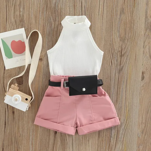 Miniatura 129 de TheFound Trajes de verano para niñas pequeñas, sin mangas, de punto acanalado, halter, pantalones cortos, ropa para recién nacidos, conjunto de 3