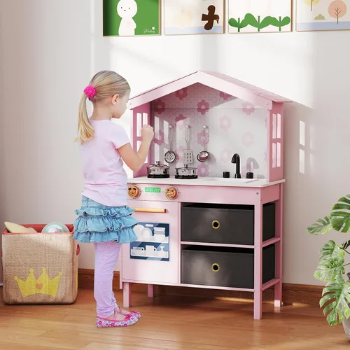 Miniatura 9 de Costzon Cocina de Juguete para Niños, Juguete de Cocina Montessori Little Chef con 2 Estufas, Perillas Giratorias, Grifo, Fregadero, Lavavajillas, 2