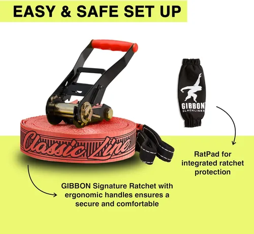Miniatura 6 de GIBBON Slacklines Classicline XL con ropa para árboles, rojo, 82 pies (línea de 74 pies + correa de trinquete de 8 pies con lazo reforzado) incl.