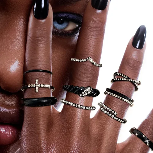 Miniatura 4 de KISS WIFE Juego de anillos dorados, plateados y negros para nudillos, para mujeres, delicados, simples, modernos, apilables, perfectos para apilar