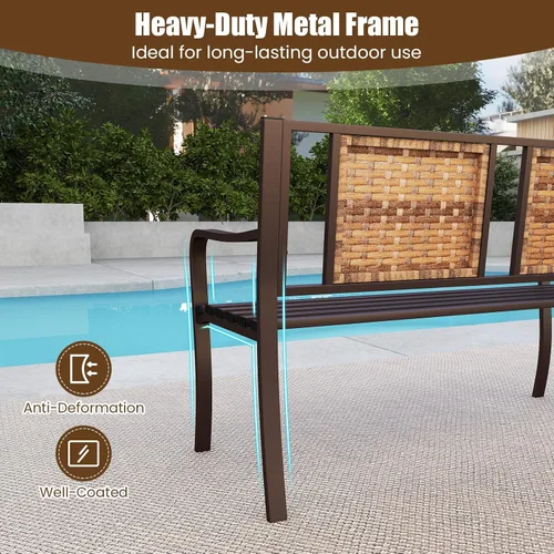 Miniatura 6 de Tangkula Banco de parque de metal de 51 pulgadas, banco de jardín para patio con respaldo de ratán y reposabrazos curvos, sofá biplaza exterior