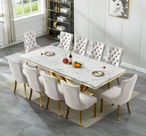 Miniatura 2 de Juego de mesa de comedor grande y moderna de mármol sintético blanco de 94.5 pulgadas, juego de mesa de comedor de 10 piezas con 10 sillas tapizadas
