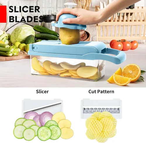 Miniatura 5 de MAIPOR Picadora de verduras Pro, picadora de alimentos multifuncional 13 en 1, cortadora de verduras de cocina con 8 cuchillas para cebolla, Azul