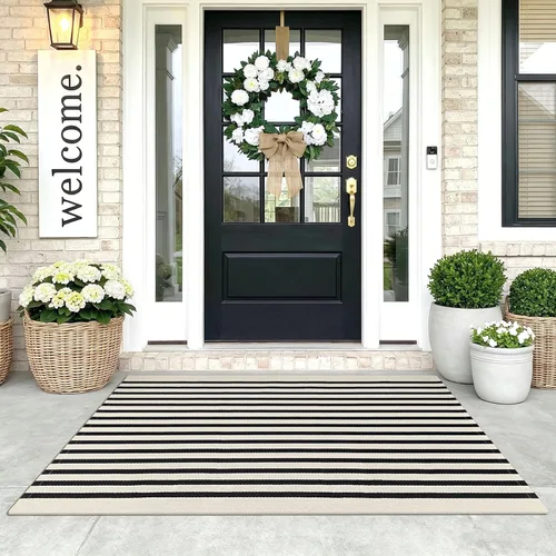 Miniatura 29 de KOZYFLY Alfombra a rayas blancas y negras de 2 x 3 pies, tejido de algodón, lavable, para interiores y exteriores, alfombra pequeña para puerta