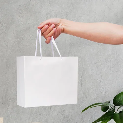 Miniatura 5 de Paquete de 12 bolsas de regalo de tamaño mediano con asas de cinta y papel de seda, bolsas de regalo blancas para compras, pequeñas empresas