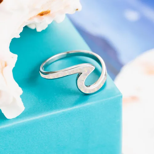 Miniatura 2 de Aloha Jewelry Company Anillo de plata de ley 925 con ópalo creado con olas de playa y océano para mujeres y niñas, alianza de boda Hawaii, sin