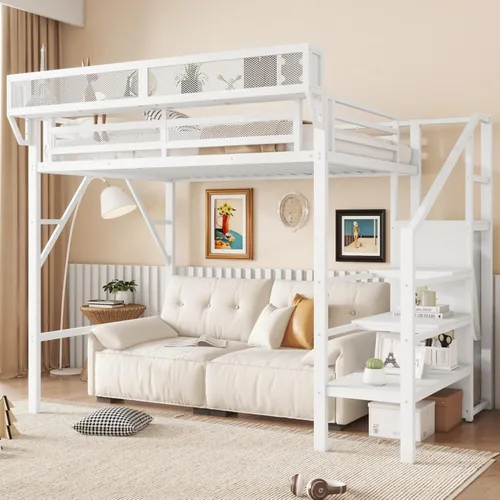 Miniatura 14 de Cama alta convertible de tamaño individual con escaleras de almacenamiento, estantes y armario, marco de cama de metal con barandilla de seguridad