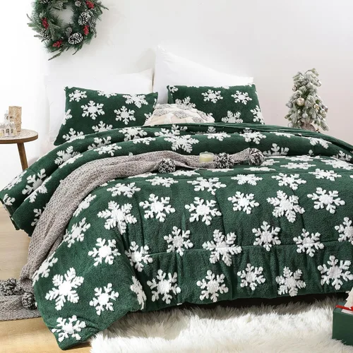 Miniatura 6 de JANZAA - Juego de ropa de cama navideña tamaño matrimonial, juego de edredón de terciopelo color esmeralda con copos de nieve blancos