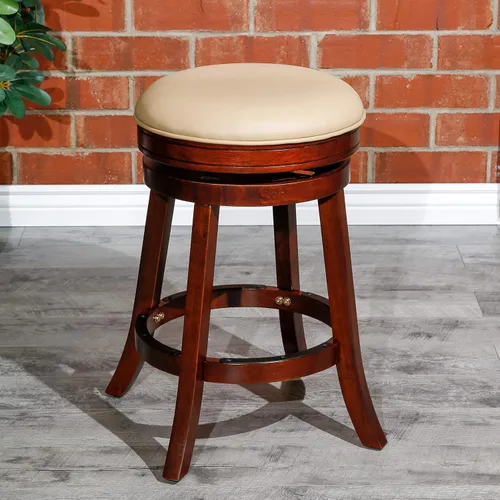 Miniatura 5 de DTY Indoor Living Creede - Taburetes de altura de mostrador de 26 pulgadas, giratorios sin espalda, acabado cereza con asiento de cuero de hueso
