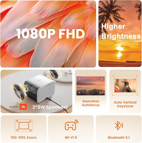 Miniatura 9 de [Sonido de JBL y alto brillo] Proyector Yaber con WiFi y Bluetooth, enfoque automático/corrección Keystone, proyector de película de sonido 3D