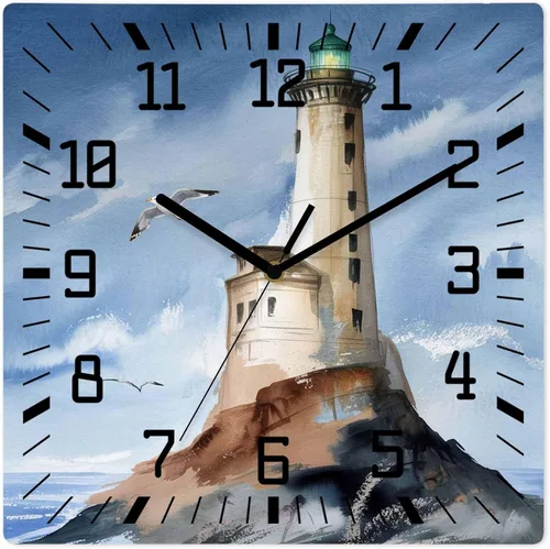 Lighthouse - Reloj de pared de madera silencioso, sin tictac, náutica isla costera, gris, vintage, acuarela, reloj de pared cuadrado, funciona con