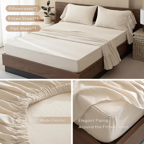 Miniatura 4 de QSH Juego de sábanas de algodón 100% Queen, sábanas con volantes de trigo para granja, ropa de cama vintage chic shabby 3 piezas, juego de cama