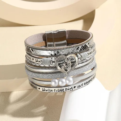 Miniatura 2 de Long tiantian Pulsera de cuero para mujer, pulsera de cuero moderna con corazón de perlas, bohemia, multicapa, joyería con cierre, pulsera de regalo