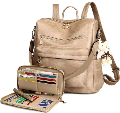 Miniatura 14 de Soperwillton Bolso de mochila para mujer. Bolsos de mano con diseño multiusos. Bolsa de hombro de cuero sintético. Bolsa de viaje. Juego de 2