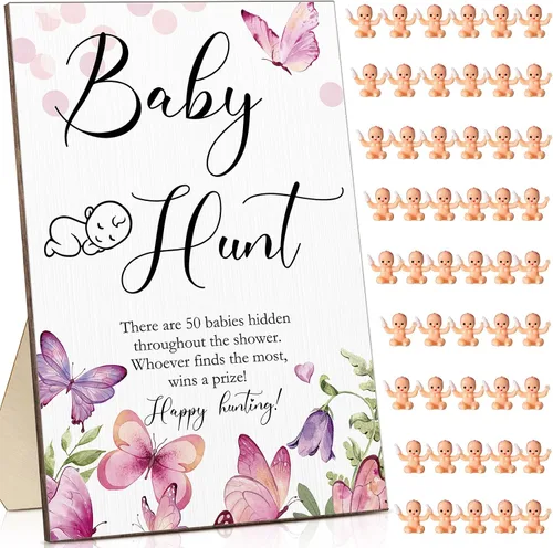 Miniatura 8 de Roowest Los juegos de baby shower de 51 piezas incluyen letrero de caza de madera, 50 mini juegos de plástico para baby shower, revelación