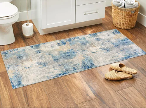 Miniatura 2 de Lahome Alfombra moderna abstracta azul para baño, alfombra larga lavable de 2x6 para pasillo, suave, antideslizante, alfombra de piso azul, alfombra