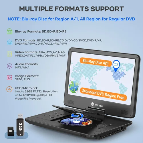 Miniatura 4 de WONNIE Reproductor Blu Ray portátil de 16.9 pulgadas con pantalla giratoria grande Full HD de 14.1 pulgadas 1080P, reproductor de DVD Blu-ray