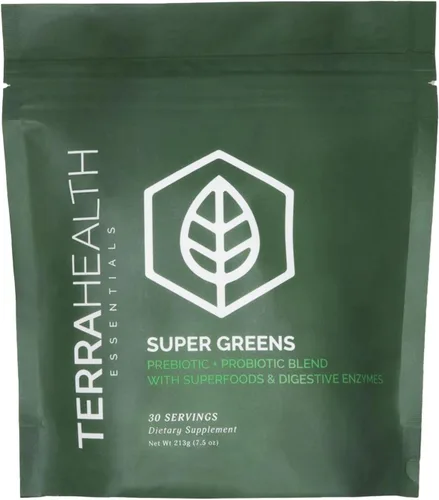 Terra Health Essentials Super Greens | Polvo orgánico de superalimentos verdes | Probióticos aptos para el intestino sin gluten | 30 porciones