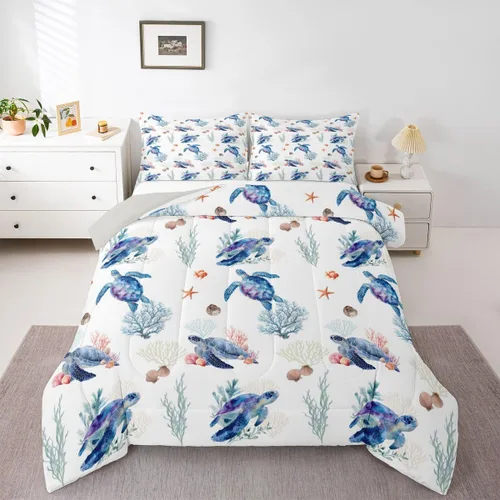 Miniatura 42 de Erosebridal Blue Ocean - Juego de edredón tamaño individual Juego de ropa de cama de ballena delfín y tortuga marina para niños y niñas, juego