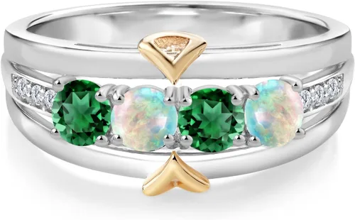 Miniatura 2 de Anillo de 4 piedras de plata de ley 925 y oro amarillo de 10 quilates, color verde, nanoesmeralda blanco simulado ópalo y diamante cultivado