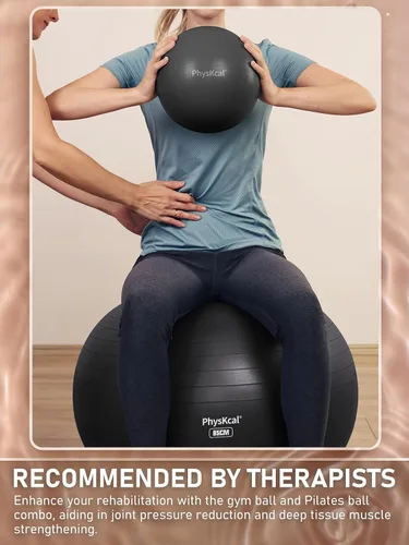 Miniatura 6 de PhysKcal Pelota de yoga para ejercicio, set de pilates, pelota de fitness de 4 tamaños para entrenamiento, parto, embarazo, terapia física - Bomba