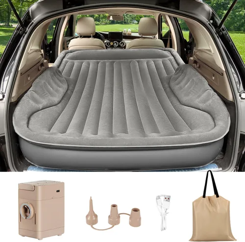Colchón de aire autoinflable para SUV con bomba eléctrica integrada, colchón de aire para automóvil con almohada para maletero, colchón portátil Gris