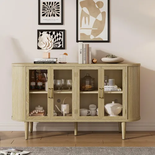 Miniatura 17 de VilroCaz Aparador de armario de almacenamiento curvado con 2 puertas y 2 cajones, mesa consola de entrada de madera de 55 pulgadas con puerta