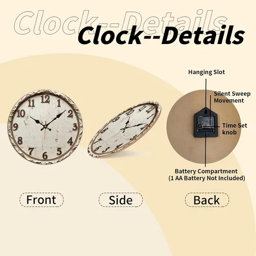 Miniatura 8 de Reloj de pared de madera envejecida blanco vintage con números tallados 9.8x9.8 in