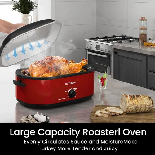 Miniatura 4 de Horno eléctrico, rostizador con tapa de autohumectado, para pavo, con descongelado y mantenimiento de calor, temperatura ajustable, bandeja y Rojo
